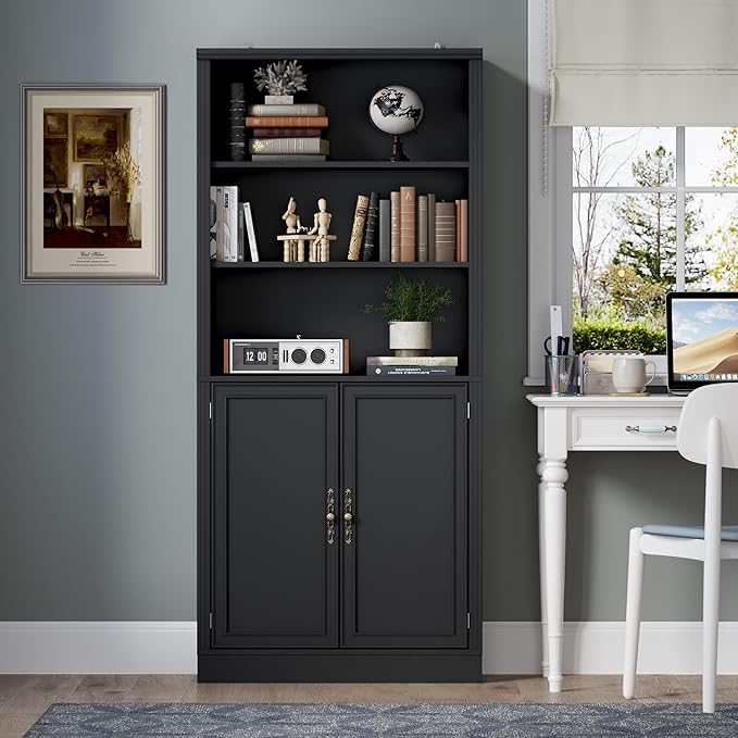 BORNOON 70.1" Tall Bookshelf with Cabinet, 5-Tier Floor Standing Bookcase with Doors & Adjustable Shelves, 31.5" Wide Storage Shelf, Metal Handles, Modern Organizer for Home Office, Living Room