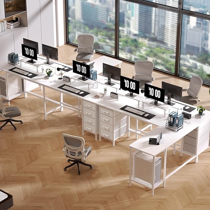 Korfile 66" L Shaped Computer Desk, 94.4'' Home Office Desk with Power Outlets, 4 Adjustable Storage Drawers & 2 Monitor Stands, Large Two Person Gaming Table for Writing Study, White
