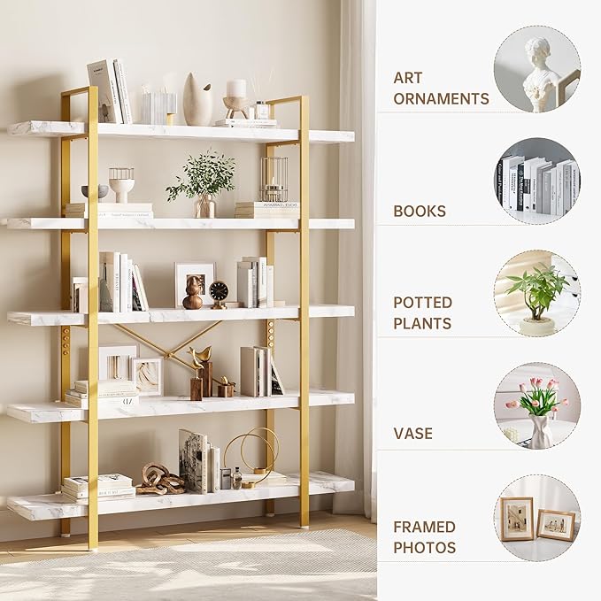 OtterOasis Heavy Duty 5-Tier Industrial Bookcase, 47" Wide Wood Bookshelf for Home Office, 120lbs Shelf Capacity, Shelving Display with Reinforced Horizontal Shelf for Living Room Bedroom,White