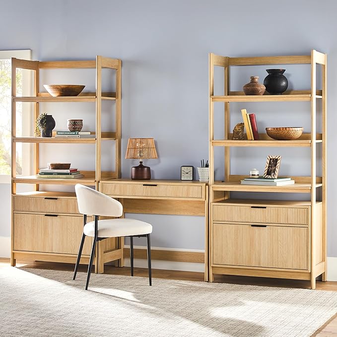 Walker Edison Transitional 3-Piece Writing Desk with 2 Wide Bookcases, Reeded Drawer Fronts, Set of 3, Coastal Oak