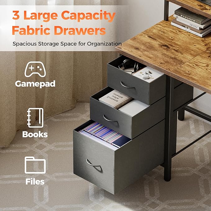 Mericonia Computer Desk 63 inch with Power Outlets & LED Lights, Gaming Desk with 3 Drawers for Home Office, Small Desk with Monitor Stand for Small Spaces, Study Writing Desk