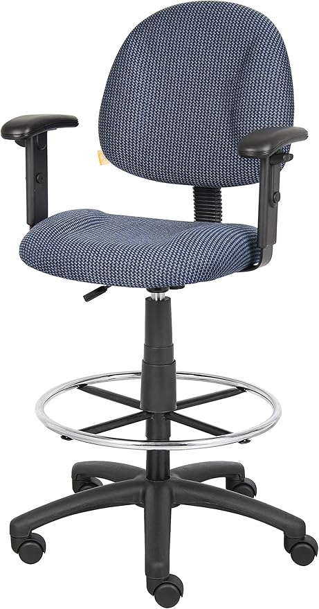 BOWERY HILL Contemporary Rolling Fabric Drafting Stool, Adjustable Height with Arms, Blue Finish, Contoured Back and Seat, Chrome Footring, Dual-Wheel Casters, Home or Office Use, 25" W x 25" D x