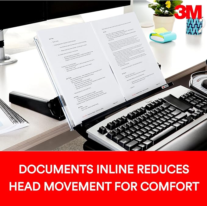 3M Adjustable Document Copy Holder, In-line with Monitor Minimizing Head and Neck Movement, 300 Sheet Capacity Holds Sheets to Books, Elastic Line Guide Keeps Pages Open, 18" Wide, Black (DH640)