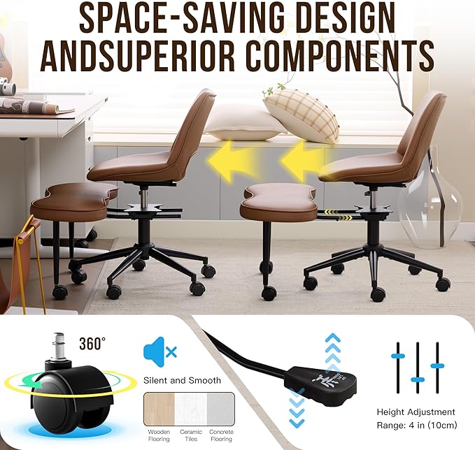 Ergonomic Cross Legged Office Chair with Wheels, 360° Swivel ADHD Chairs for Adults, Height Adjustable Seat for Meditation, Yoga - Wide Criss Cross Chair with Lumbar Support, Kneeling Chair, Brown
