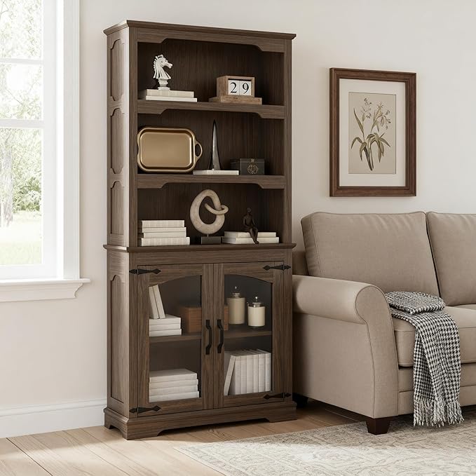 70 Inches Farmhouse Bookcase Bookshelf, Two-Tone Shelves, 5 Tier Bookshelf with Glass Door Storage Arched Trim, Home Office Living Room Storage Cabinet Unit, 31.5x11.8 Inches (Walnut, Glass Doors)