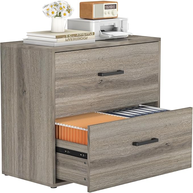 2 Drawer Wood Lateral File Cabinet, Wide Filing Cabinets for Home Office, Farmhouse File Cabinet Printer Stand for Hanging Files/Letters, Gray