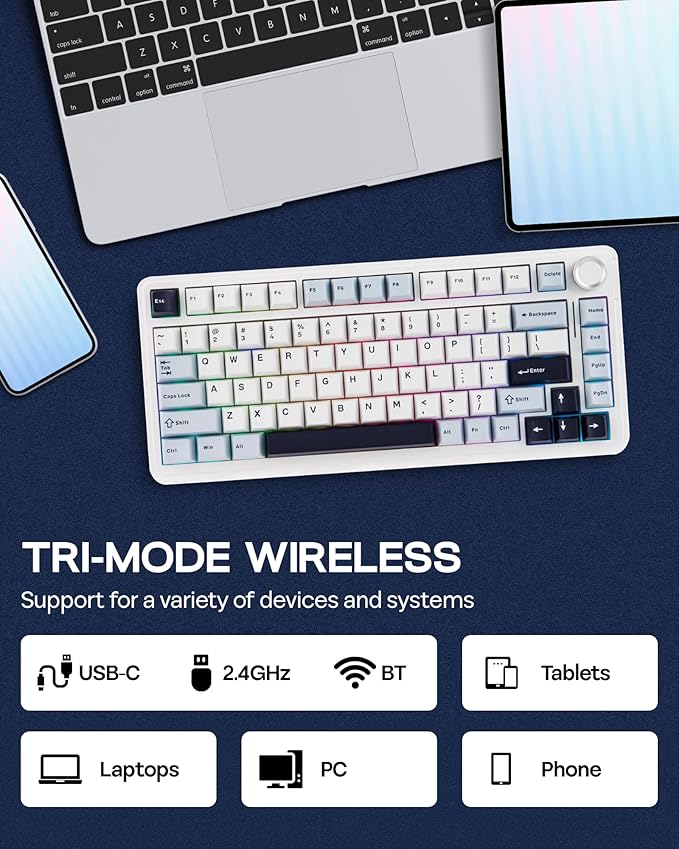 EPOMAKER EA75 75% RGB Gaming Mechanical Keyboard, 2.4GHz/Type-C/BT Creamy Wireless Keyboard with Knob, Shine Through PBT Keycaps, Hot Swappable for Gamers (Light Blue, Reaper Switch)