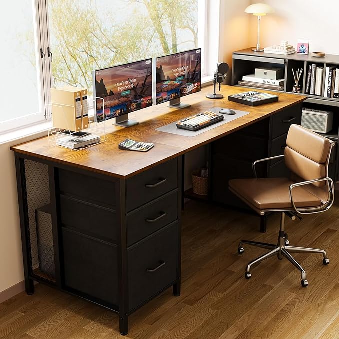 Casaottima 63 Inches Computer Desk with 6 Fabric Drawers, Modern Office Desk with Large Storage for Home Office, Study, Vintage