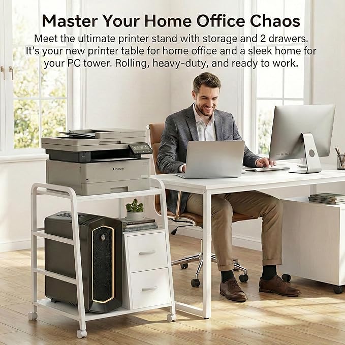Printer Stand Featuring Fabric Drawers, Under Desk Host Computer Cabinet and Shredder Shelf, Heavy Duty Printer Stand with Storage Workstation Organization Printer Table for Home Office
