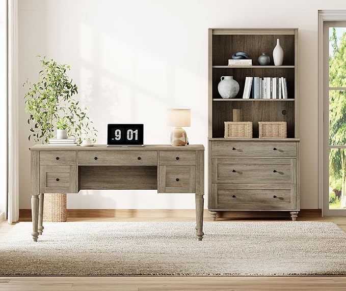 WAMPAT Home Office Furniture Set, 56'' Executive Desk with Charging Station, 72" Tall Bookcase with 3 Drawers, Wood Computer Desk with File Cabinet Storage, Open Shelf, Wash Grey