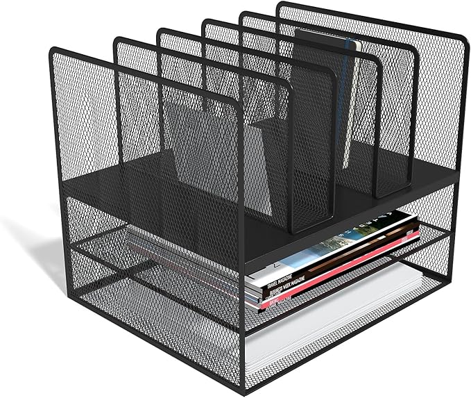 TRU RED Wire Mesh File Organizer, 7‑Compartment, Matte Black, 2‑Pack – Vertical Desktop Sorter for Files, Folders & Mail