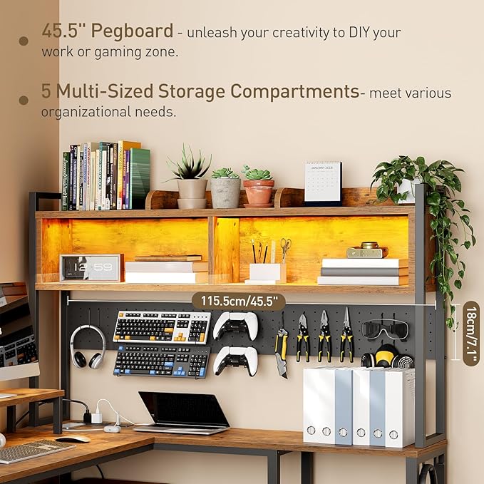 RALGEND 75inch L Shaped Computer Desk with Drawers, Large Gaming Desk with LED Light & Power Outlets, Corner Computer Desk with Storage Shelves & Monitor Stand for Home Office,Rustic Brown and Black