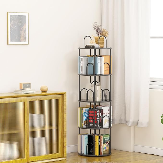 4 Tier Rotating Bookshelf, 360° Spinning Bookshelf Tower, Narrow Corner Book Shelf, Revolving Bookcase Corner Tall Book Shelf for Small Spaces, Bedroom, Living Room, Black