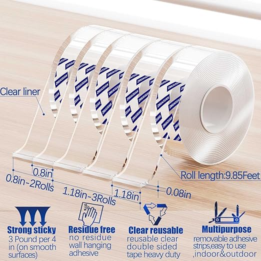 ZMUAXUAN Nano Tape Adhesive Reusable,Double Sided Mounting Tape Heavy Duty Removable,Picture Hanging Strips Poster Putty,Clear Thick Gel Sticky Tack Wall Glue for Hangers,Photo(9.85 FT-5 Pack)