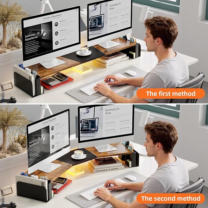 WESTREE Dual Monitor Stand Riser with Drawer, 3 Shelf Computer Monitor Riser with Adjustable Length and Angle, Desktop Monitor Stand Riser Storage Organizer for 2 Monitors (Brown)