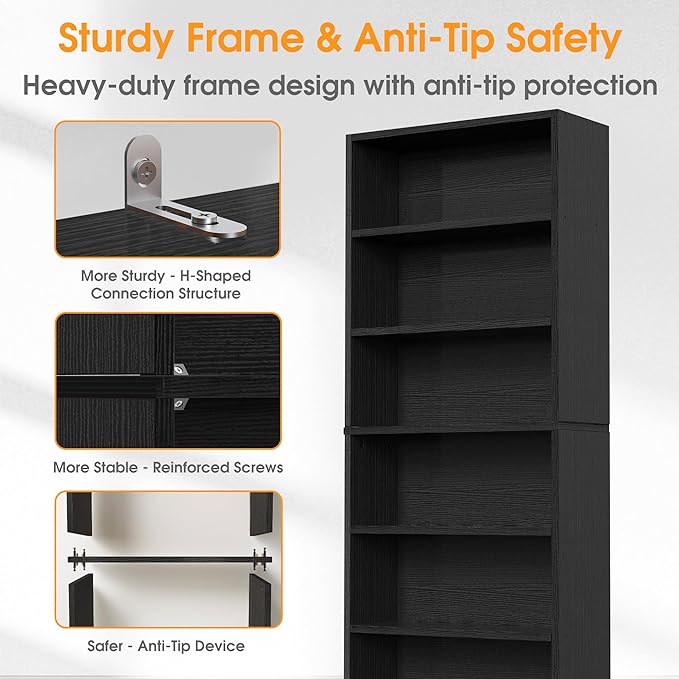 Sweetcrispy Industrial 6 Shelf Bookcase - Large 63 Inch Tall Floor Standing Open Bookshelf for Home Office, Living Room, and Bedroom Storage, Classic Black