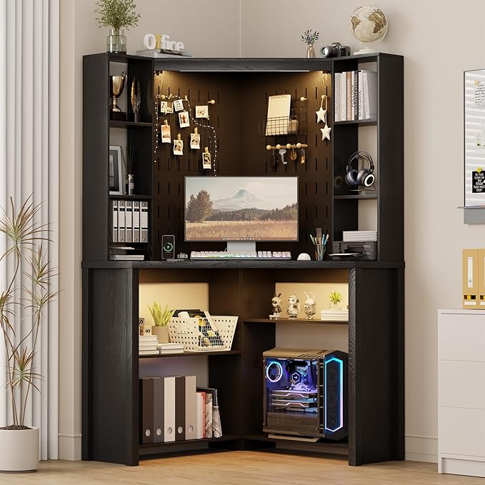 Corner Desk with LED Reading Lights, L Shaped Computer Desk with Hutch & Shelves, Triangle Home Office Desk w/ Charging Station for Work & Study, File Cabinet Storage Bookshelf for Small Space (Black)