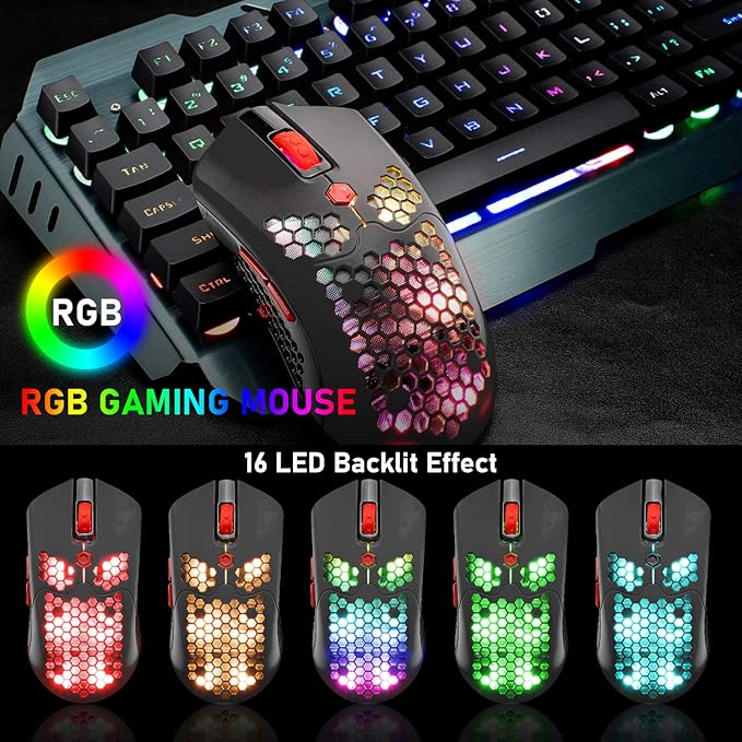 ZIYOU LANG Wired/Wireless Lightweight Gaming Mouse,16 RGB Backlit Mice with 7 Buttons Programmable Driver,PAW3325 12000DPI,Rechargeable 800mA Battery,Lightweight Honeycomb Shell Mouse for PC Gamer