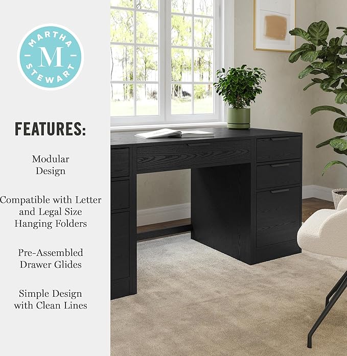 Martha Stewart Kayden Home Office Modular Desk with Drawer and Dual 3 Drawer File Cabinets in Light Natural with Brushed Gold Hardware