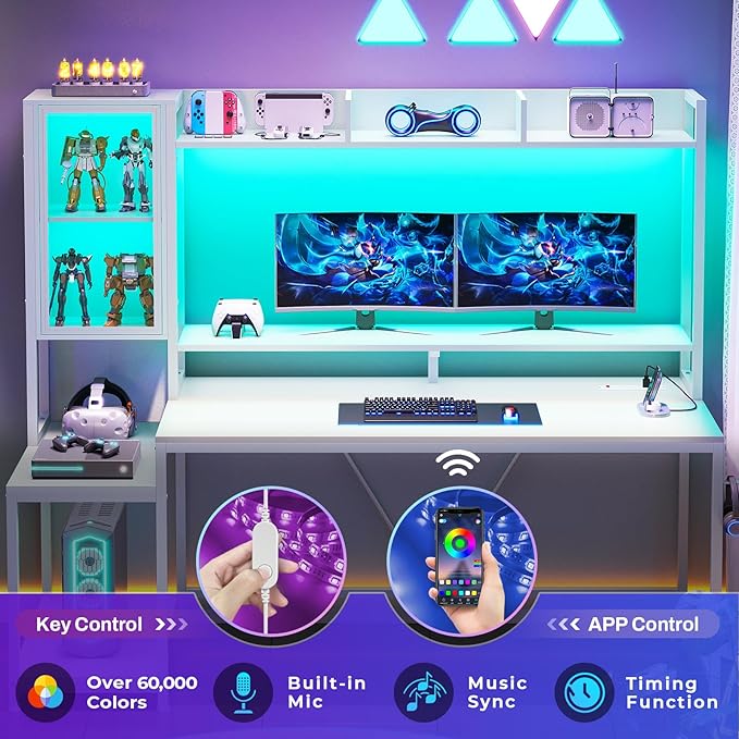 SEDETA White Gaming Desk, 60'' Gaming Desk with Hutch and LED Lights, Computer Desk with Storage Shelves, Large PC Gamer Desk with Display Cabinet, Monitor Stand, Power Outlet for Home Office