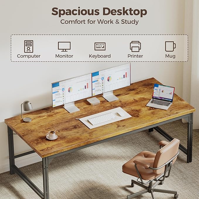 Mericonia 54 Inch Computer Desk, 1" Thick Heavy Duty Industrial Office Desk, Modern Simple Study Writing Table for Home Office Bedroom Workstation, Dark Brown