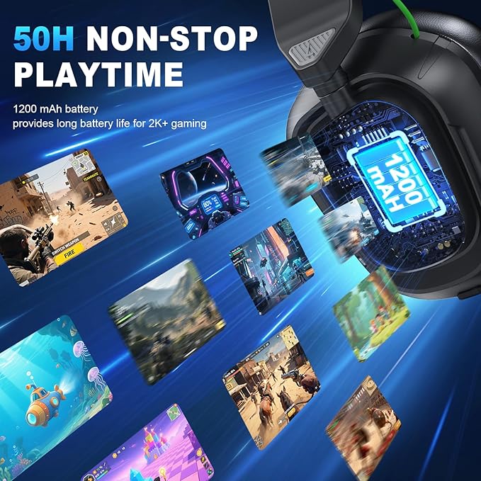 2.4GHz Wireless Gaming Headset for PC, PS5, PS4, Switch & Mac, Bluetooth Headset with Noise Canceling Microphone, Low-Latency Stereo Audio, 50mm Drivers, Up to 50H Battery, Lunar Black