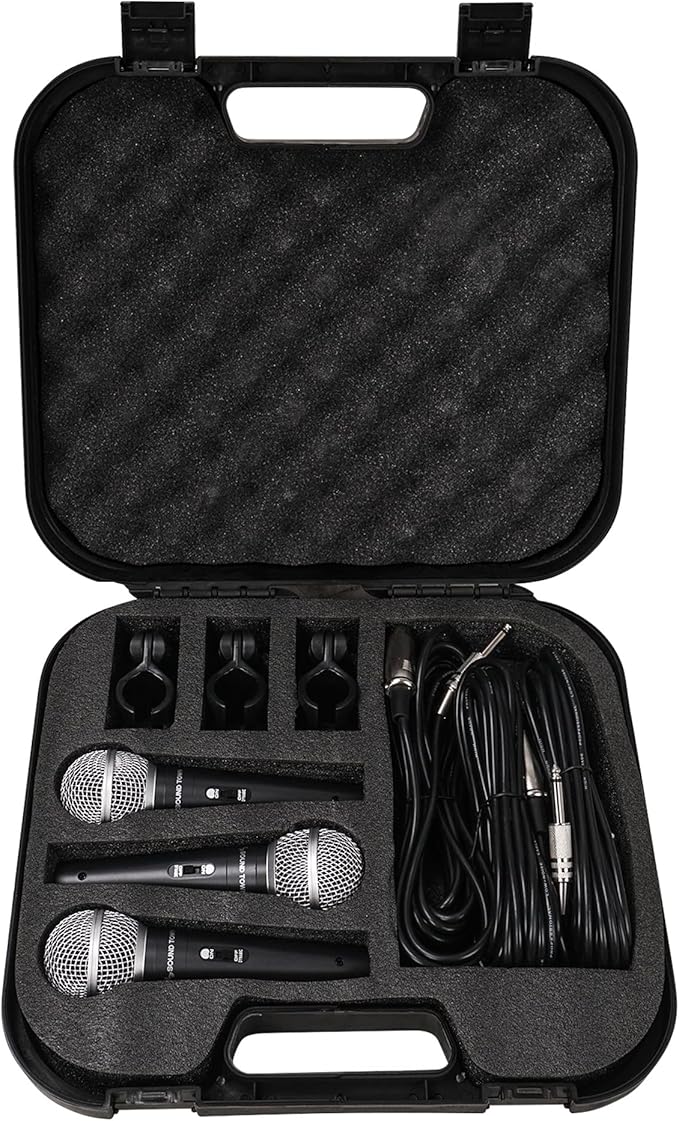 Sound Town 3-piece Professional Handheld Dynamic Microphone Kit with Carry Case, Mic Clips, 26ft XLR to 1/4" Audio Cables (STMICKT3)