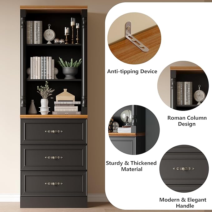 Bookshelf with Drawers, 71" Tall Wood Bookcase with Adjustable Shelf, 24" Wide Book Shelf, Floor Standing Display Storage Cabinet for Home Office, Study and Living Room, Antique Black