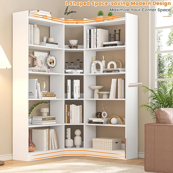 Semoic 6 Tiers Corner Bookshelf and Bookcase with Baffle, 63.1" Tall Modern L-Shaped Storage Display Book Shelf Industrial Bookshelves for Bedroom, Living Room, Kitchen, Home Office, White