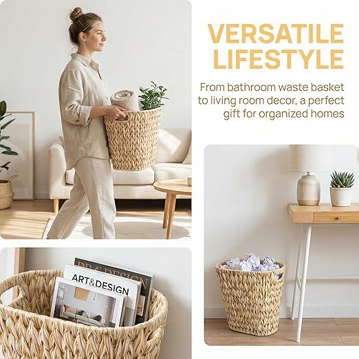 Pumtus Woven Trash Can, Waterproof Plastic Handwoven Waste Basket with Built-in Handles, 5 Gallon Bathroom Bedroom Garbage Container, Decorative Boho Storage Bin for Office, Kitchen, Laundry, Dorm