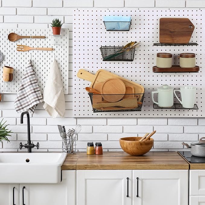 Sieral 6 Pieces Pegboard Baskets Wall Mount Wire Peg Board Baskets 3 Sizes Pegboard Accessories Slatwall Bins Basket Home Garage Hanging Organizer for Tools and Craft(Black)