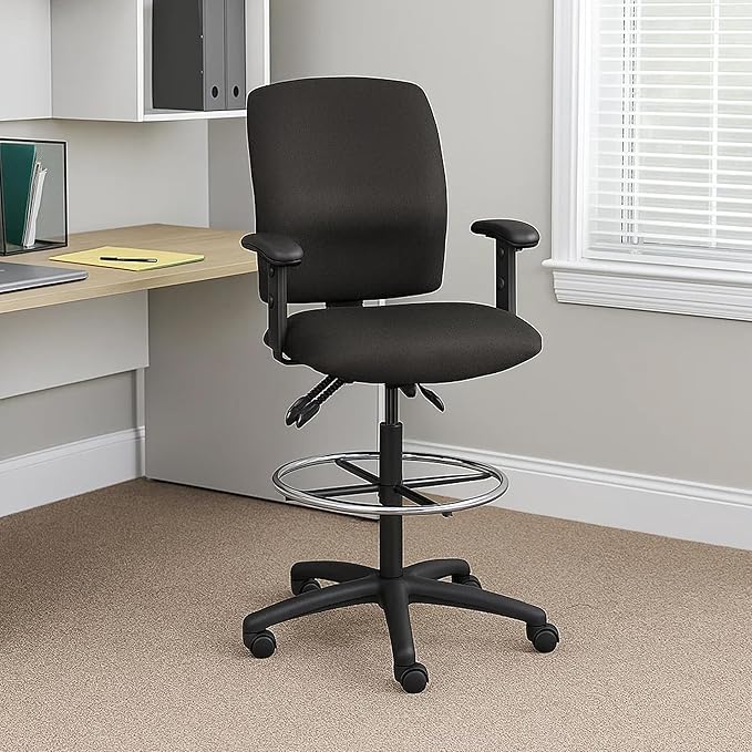 Benzara Jea Drafting Stool, Seat Tilt Lock, Adjustable Arms, Black Crepe