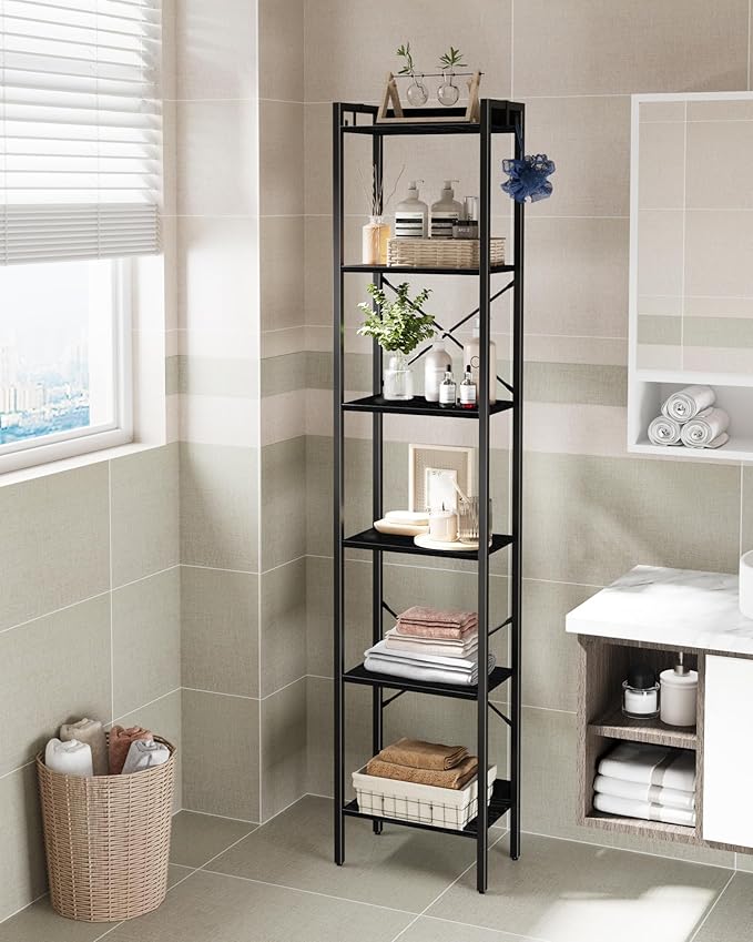 Hzuaneri Bookshelf, Book Shelf, Industrial Bookcase with 2 Hooks, Coner Shelf Storage Organizer for Home Office, Living Room, Bedroom, Kitchen, 6-Tier Black BC10704B