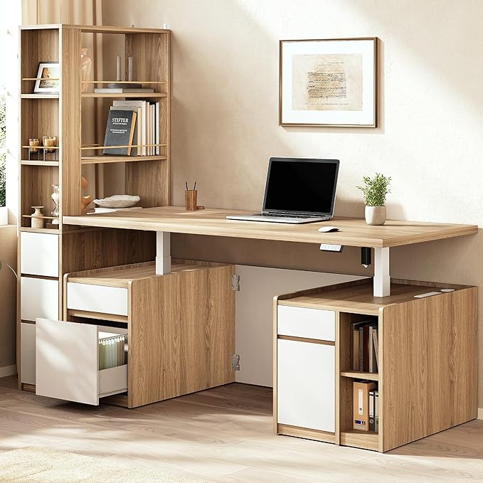ModernMate Furniture Set, 70.8'' Executive Standing Desk with 71'' Tall Bookcase, AC/USB, File Cabinet, Double-Sided Narrow Display Shelves, Home Office Wood Storage Furniture, Light Walnut