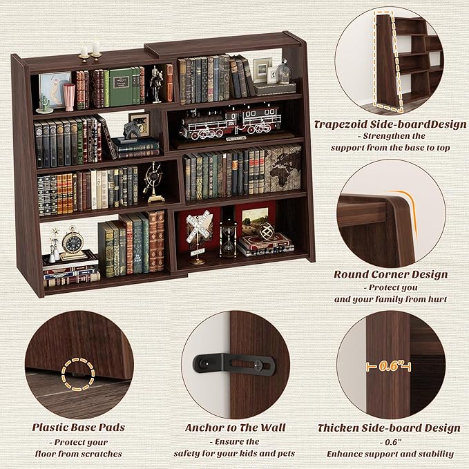 Armocity Expandable Bookshelf, Short Corner Bookshelf for Small Spaces, Small Ladder Book Shelf, Extendable Wood Narrow Bookcase for Living Room, Bedroom, 5 Tier, Black Walnut