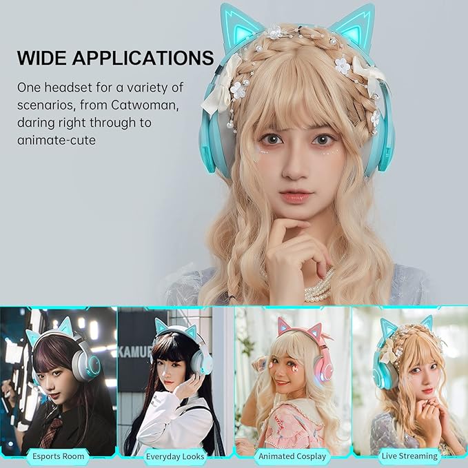 Edifier G5BT CAT Wireless Bluetooth Gaming Headset with Mic, Wired Cat Ear Headphones, Over Ear Headphones with Detachable Cat Ear, RGB Light, for PC, PS5, PS4, Nintendo Switch (Turquoise)
