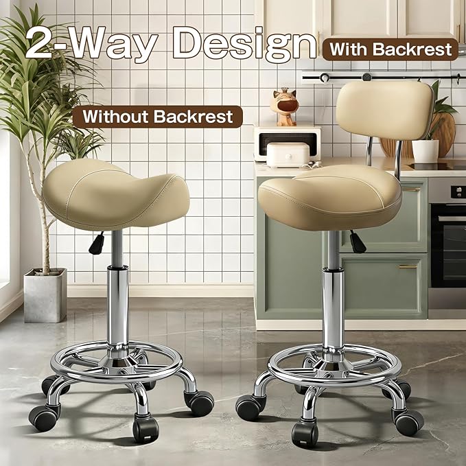 Saddle Stool, Adjustable Height Ergonomic Swivel Chair with Wheels, PU Leather Saddle Seat with Ring Pedal for Salon, Massage, Clinic, Lab, and Office