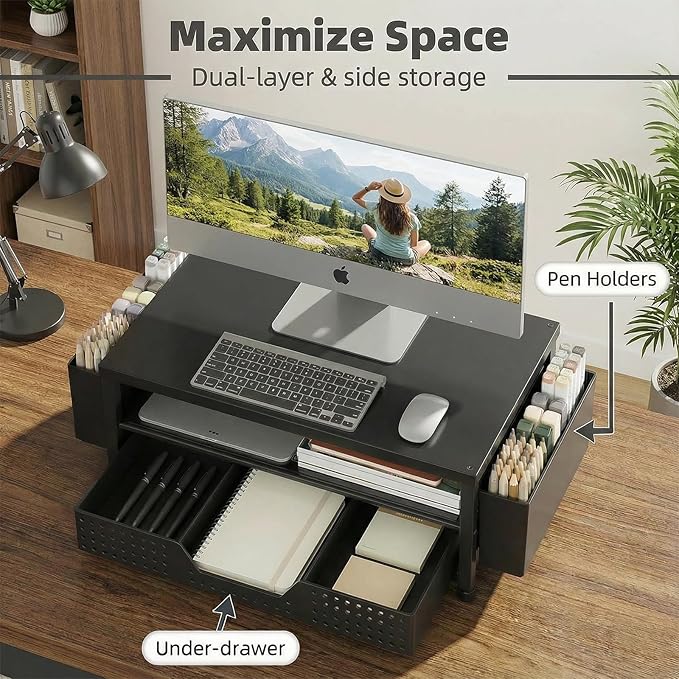 ECOLOVI Desk Organizer and Accessories, 2-Tier Computer Monitor Stand Rise with Storage Drawer & 2 Pen Holders, Laptop & Printer Stand for Desktop, Workspace Organizers for Office Supplies (Black Wood)