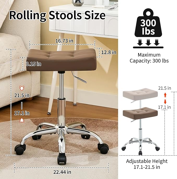 FIRAVOE Vanity Stool with Wheels (Adjustable Height 17-21 inch) (300lbs Capacity) Faux Leather Nail Tattoo Vanity Massage Stool (Coffee Brown)