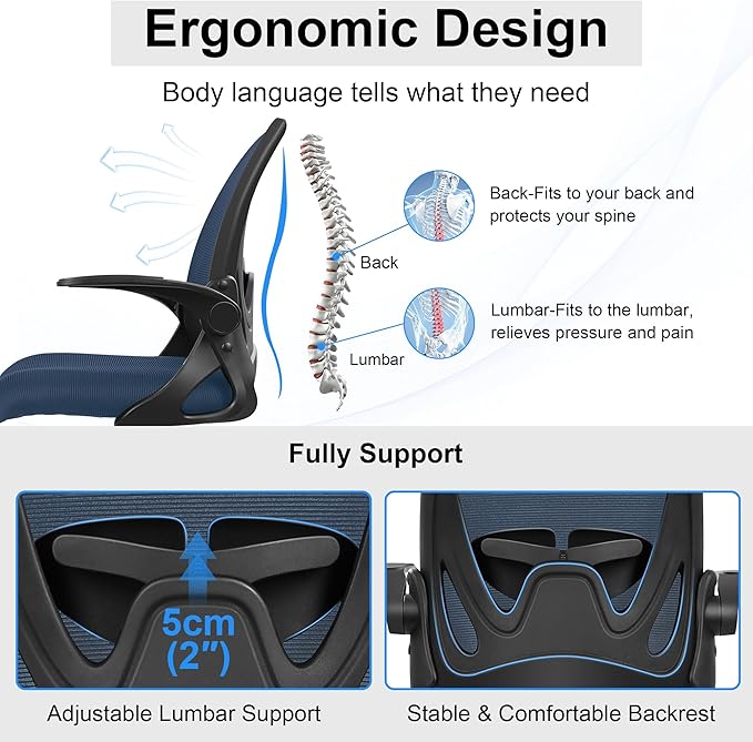 Primy Drafting Chair Tall Office Chair with Flip-up Armrests Executive Ergonomic Computer Standing Desk Chair with Lumbar Support and Adjustable Footrest Ring (Navy)