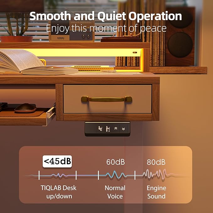 TIQLAB Standing Desk with Two Drawers, Stand Up Standing Desk Adjustable Height, Electric Sit Stand Table with Storage Shelf and Splice Board, with LED Light, 55 * 28 inch, Light Walnut