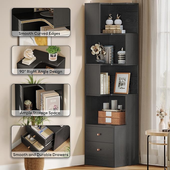 IRONCK Corner Bookshelf, 70.87" Tall Corner Bookcase with Drawers, Corner Shelf Storage Display Rack for Living Room Home Office, Black