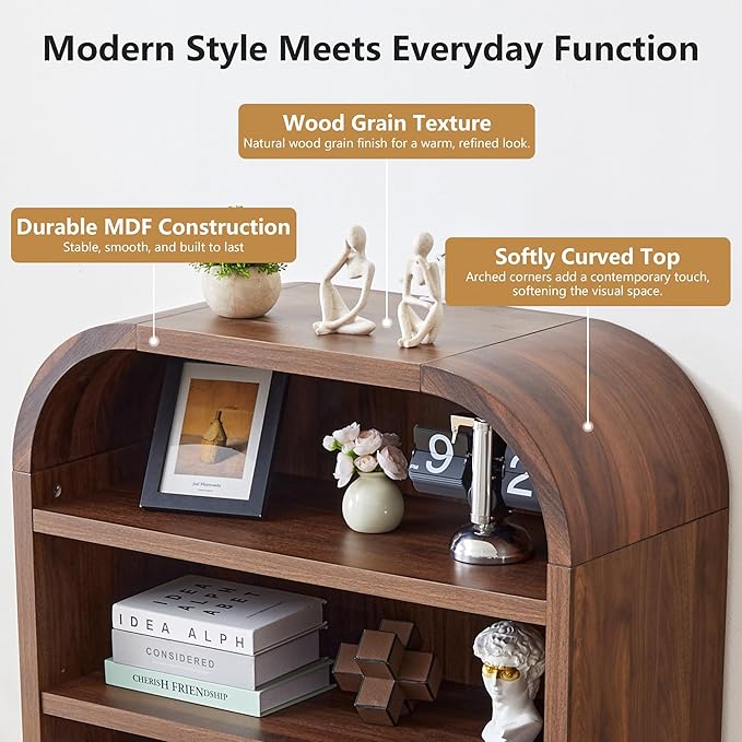 LEVNARY 70" Tall Arched Bookcase, 7-Tier Freestanding Storage Cabinet with Adjustable Shelves, Thick MDF Bookshelf for Bathroom Living Room Bedroom (Walnut)