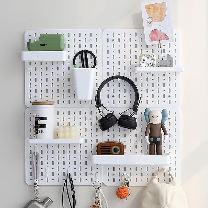 No Drill Pegboard Wall Organizer - HIPS Material Gaming & Office Storage with Accessories, White/Black/Pink Combination for Men Women Space-Saving (White)