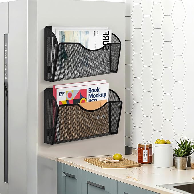 2PCS Magnetic File Holder - No Drilling Magazine Paper Document Holder, Magnetic File Paper Mail Organizer, Magnetic Hanging File Organizer for File Cabinets, Office, Whiteboard