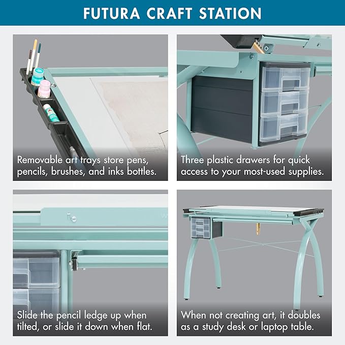 SD Studio Designs Futura Craft & Drawing Table with Adjustable Tempered Safety Glass Top – Modern Art Desk with Storage Drawers, Pencil Ledge, Glossy Sage/Clear Glass