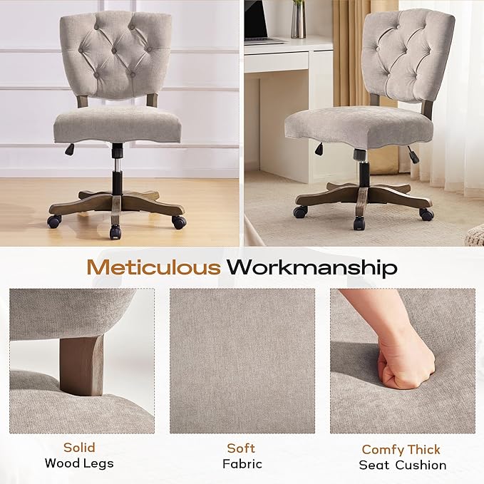 HUIMO Upholstered Swivel Desk Chair Chenille Tufted Fabric Home Office Chair with Wheels Adjustable Height Classic Task Chair with Wooden Legs Comfortable Armless Chair for Studio Study (Brown)