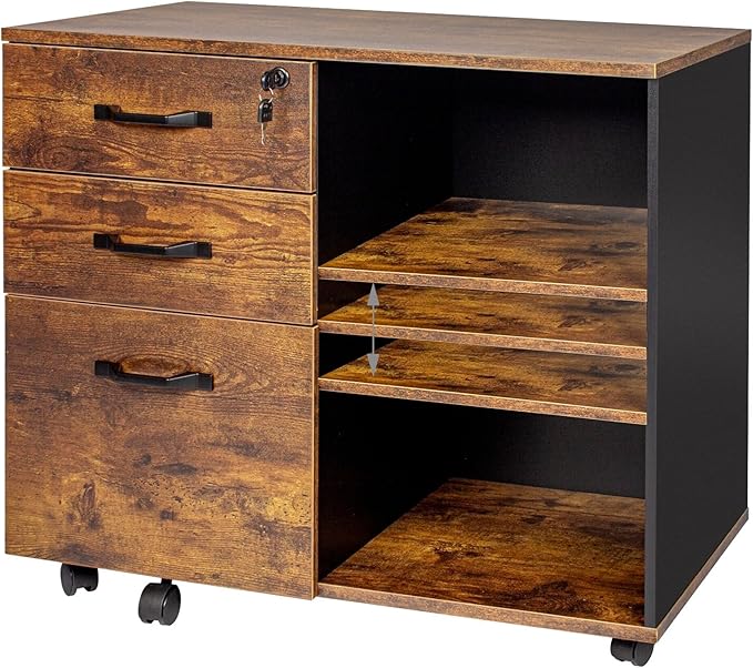 Relaxdays Mobile Filing Cabinet with 3 Drawers, 2 Shelves, Lockable, 4 Wheels, Office Storage, Brown/Black, 66x80x40 cm