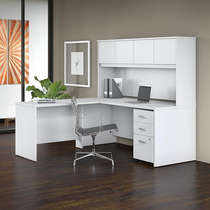Studio C 72W x 30D L Shaped Desk with Hutch, Mobile File Cabinet and 42W Return in White