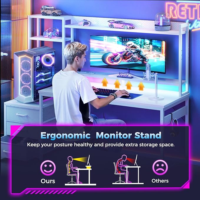 Casaottima 55 Inch Computer Desk with Hutch & 3 Fabric Drawers, White Desk with USB Ports & LED Lights, Reversible Pc Gamer Table with Monitor Stand for Home Office, White